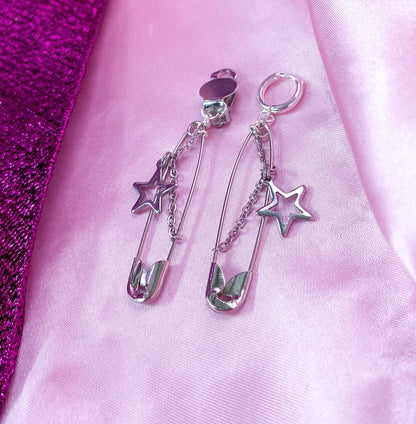Safety pin with star charm earrings