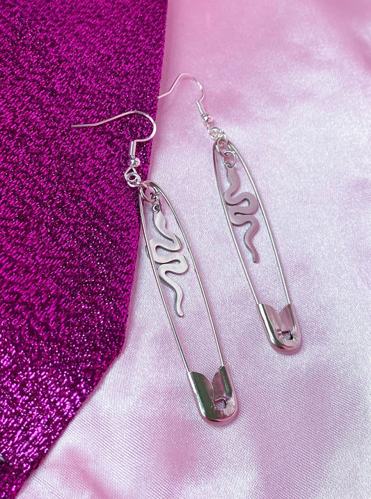 Safety pin earrings with snake charms