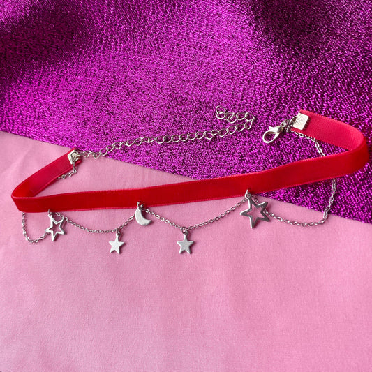 Red velvet choker with chain, moon and star charms