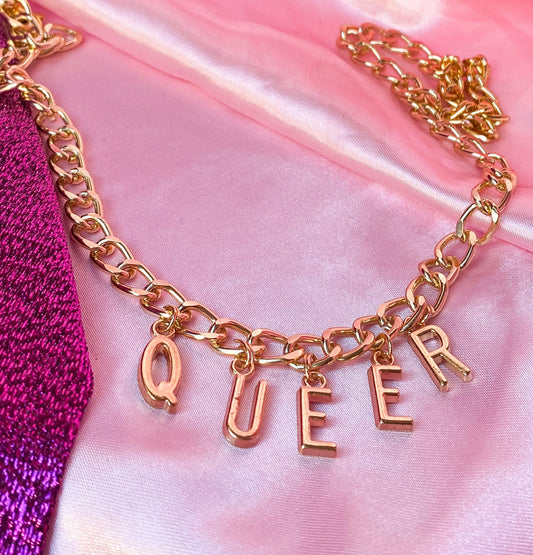 Chunky QUEER gold colour letter charm necklace