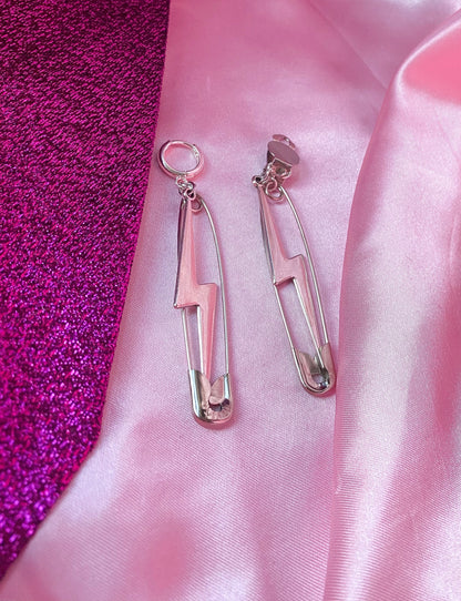 Safety pin and lightening bolt charm earrings