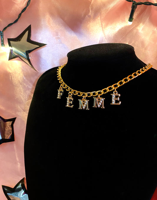 Diamanté FEMME gold colour letter charm necklace