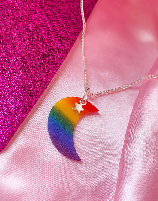 Rainbow pride flag moon necklace