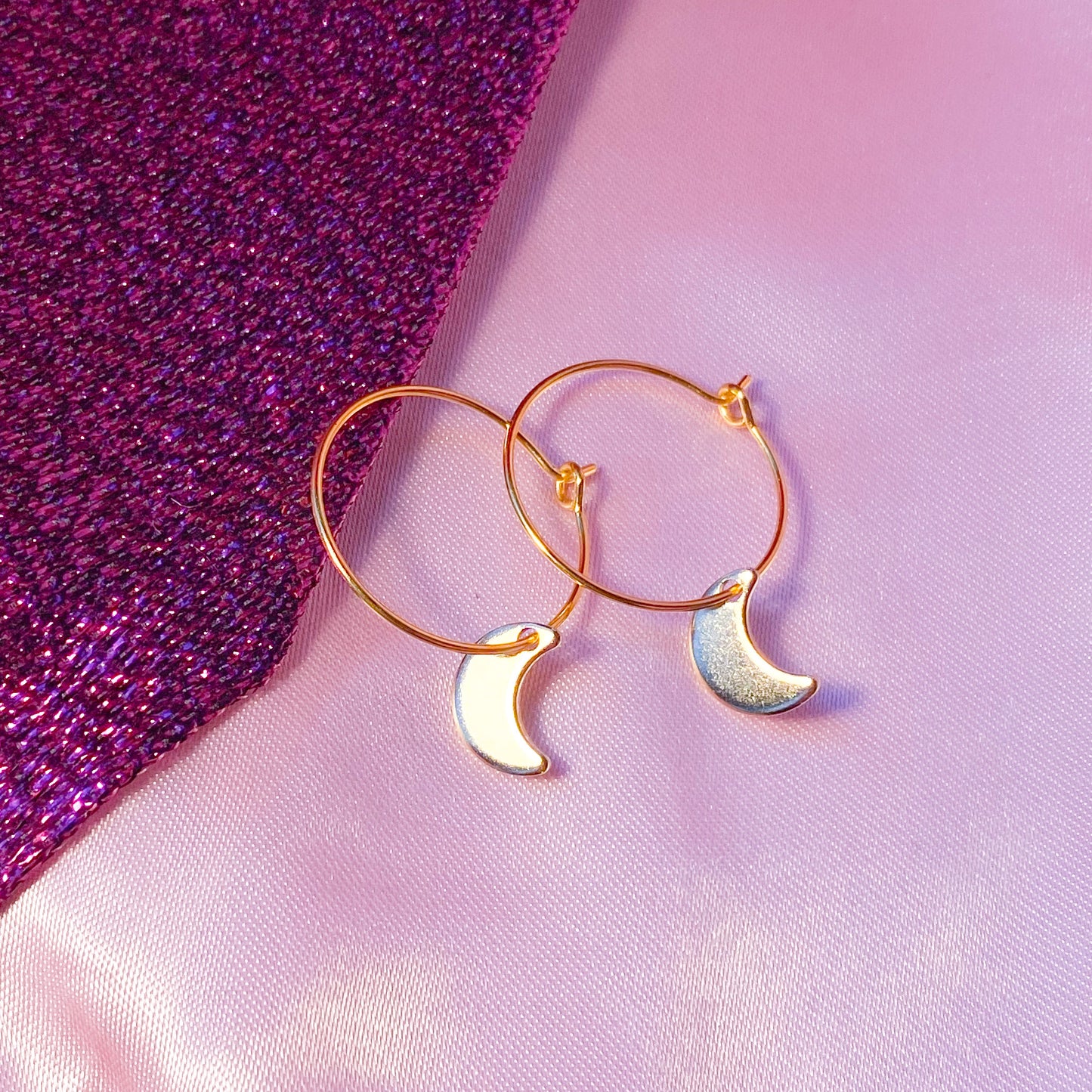 Gold moon charm hoop earrings, minimalist celestial earrings