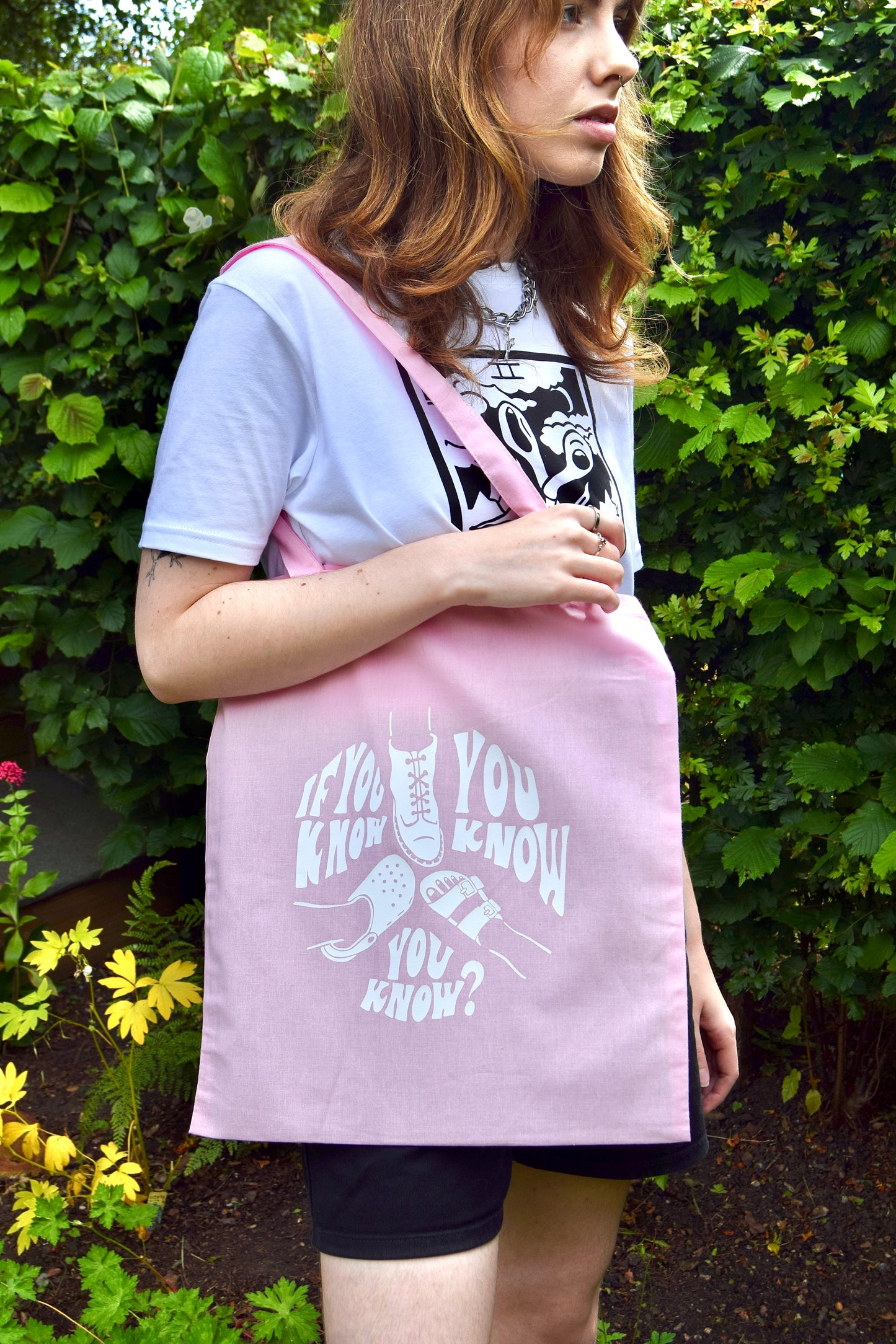 Sapphic shoes, pink lesbian pride tote bag