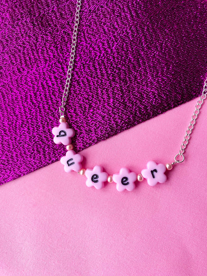 Pink Queer flower shape bead letter necklace