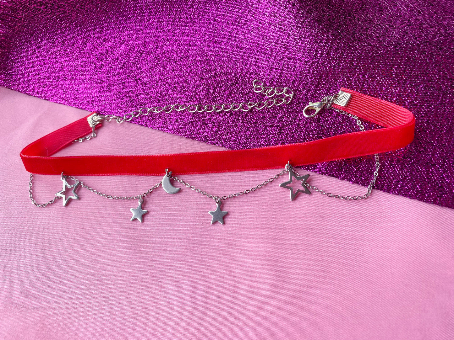 Red velvet choker with chain, moon and star charms