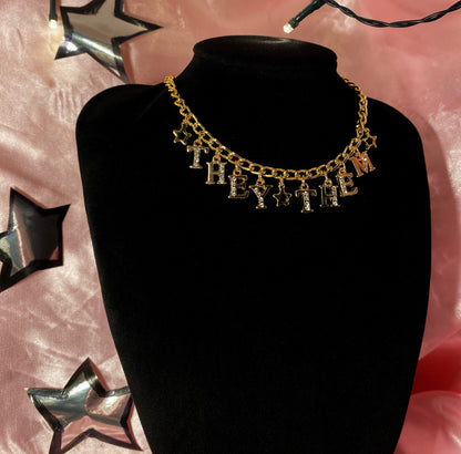 Diamanté THEY THEM gold colour pronoun necklace