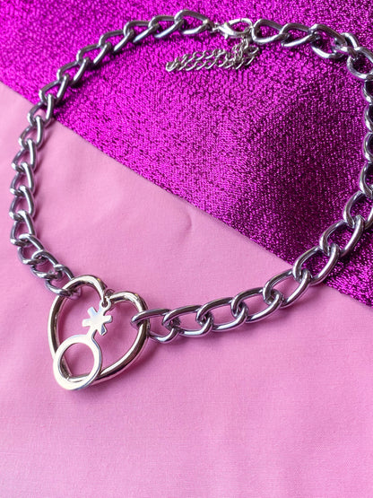 Heart O ring chain with Non Binary symbol on a chunky chain choker necklace