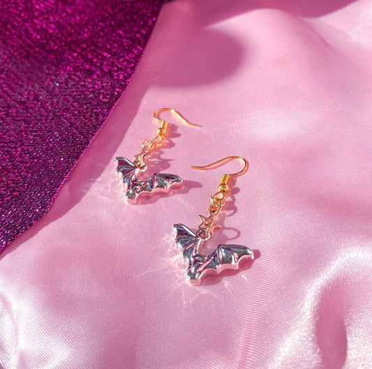 Flying Bat rose gold charm earrings with star charm