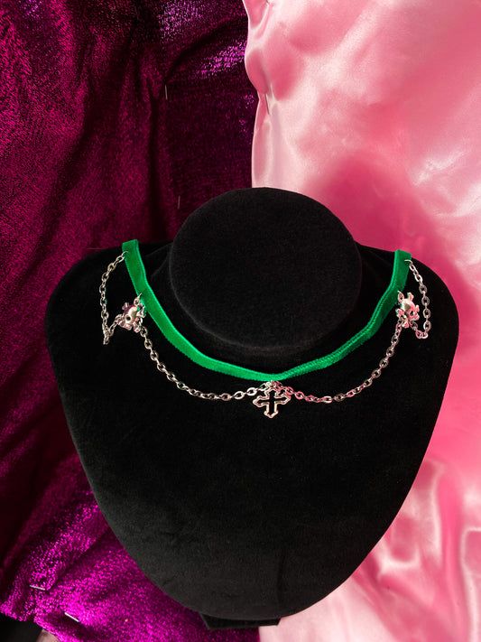 Green velvet choker with chain, gothic cross and skull charms