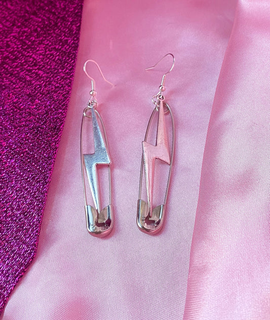 Safety pin and lightening bolt charm earrings