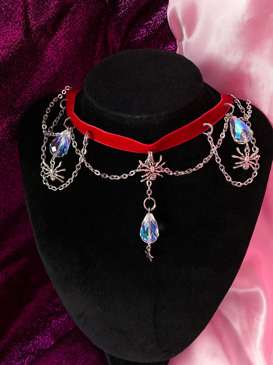 Red velvet choker with chain, spider charms and iridescent beads