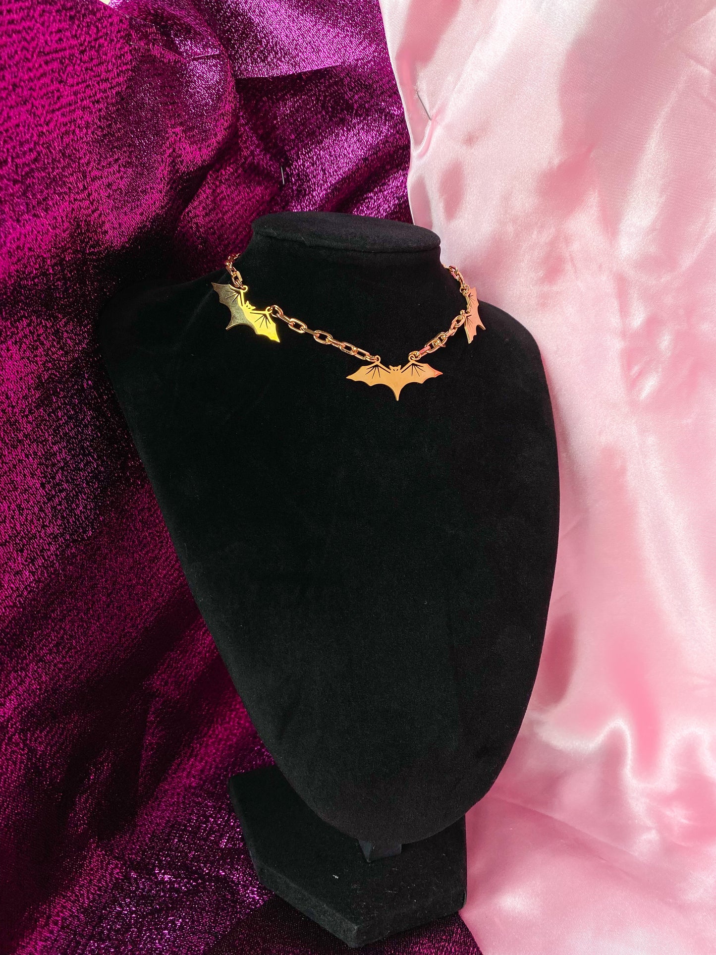 Golden flying bat necklace, golden colour handmade halloween necklace