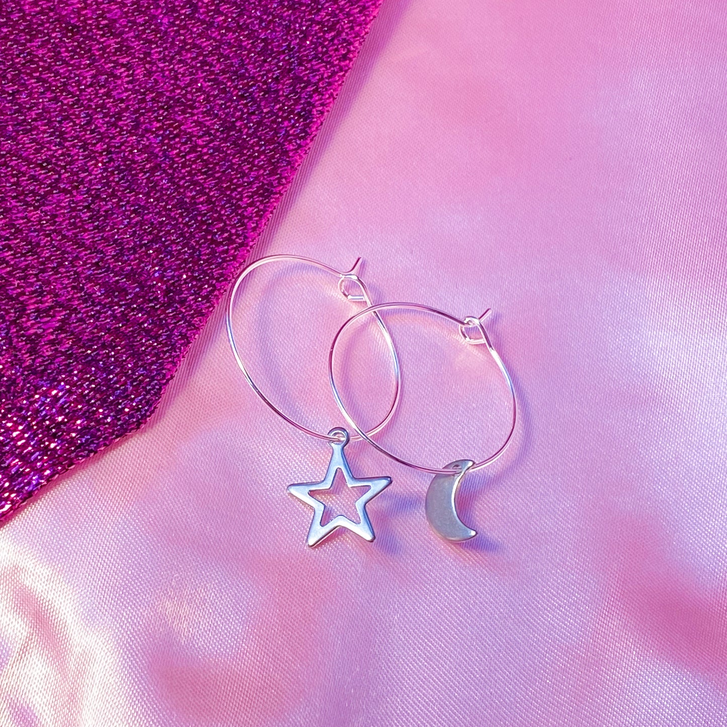 Silver star and moon charm hoop earrings, minimalist celestial earrings