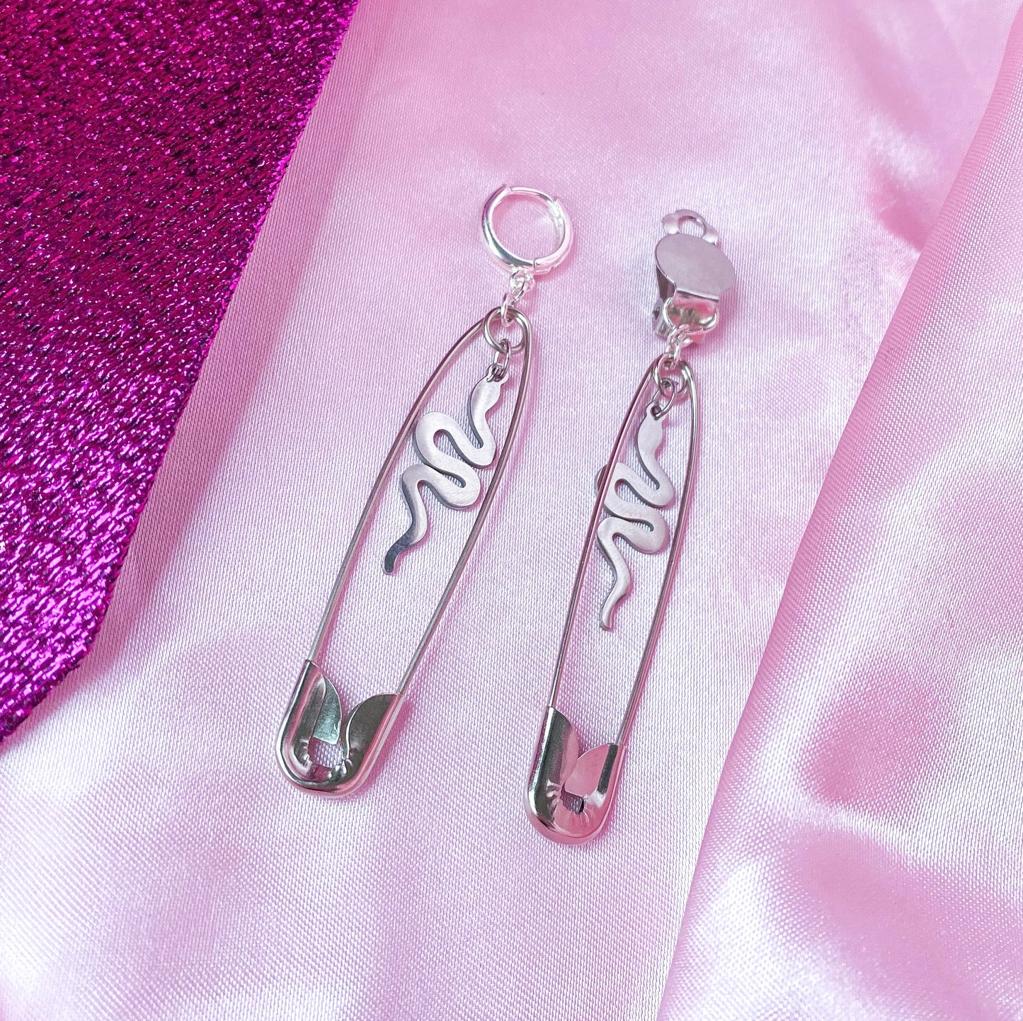Safety pin earrings with snake charms