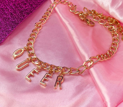Chunky QUEER gold colour letter charm necklace