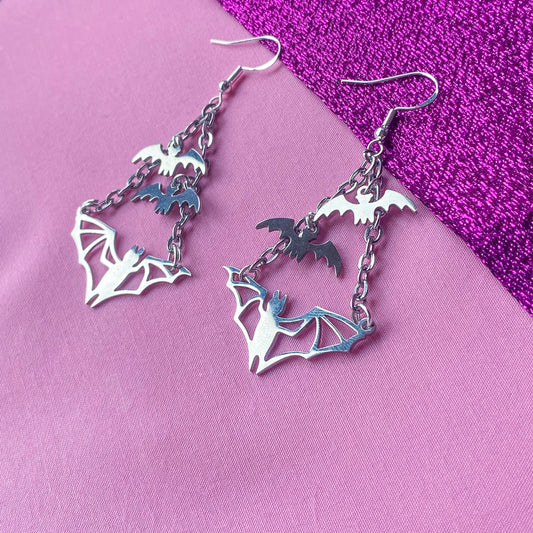 Flying Bat stainless steel charm earrings, with smaller bat charms