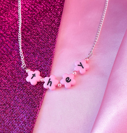 Pink THEY flower shape letter bead necklace