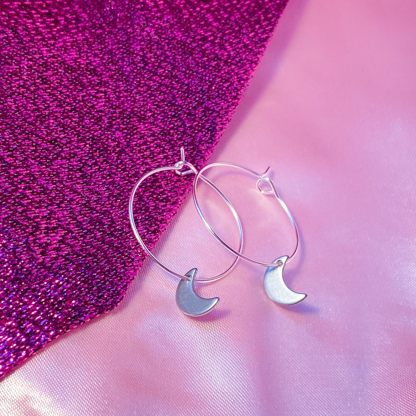Silver moon charm hoop earrings, minimalist celestial earrings