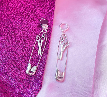 Safety pin earrings with scissor charms