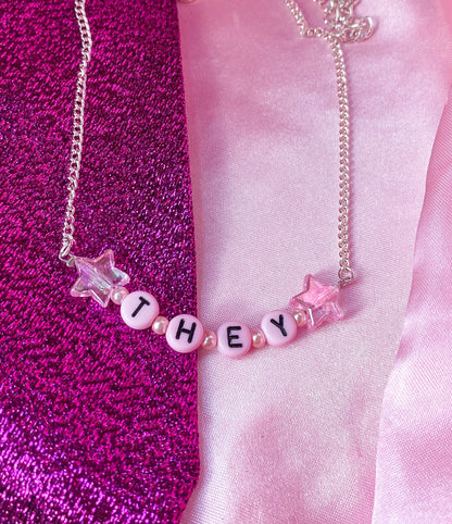 Pink THEY letter bead necklace