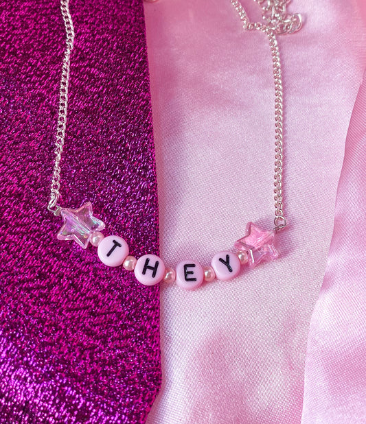 Pink THEY letter bead necklace