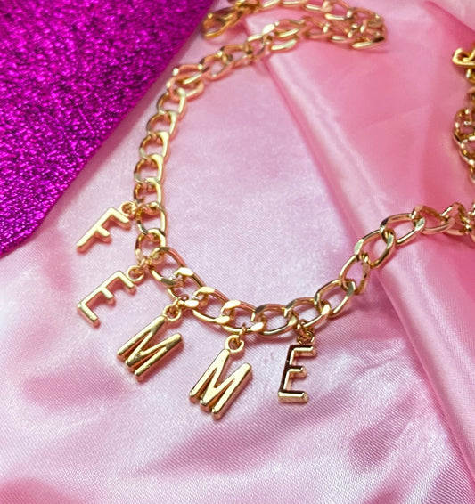 Chunky FEMME gold colour letter charm necklace