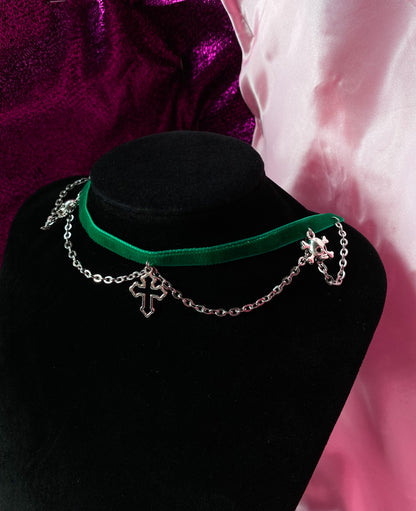 Green velvet choker with chain, gothic cross and skull charms