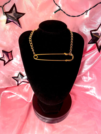 Golden kilt pin necklace, alternative safety pin punk necklace