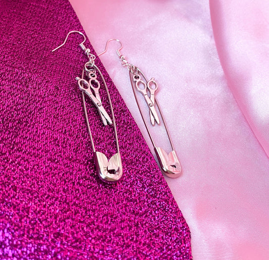 Safety pin earrings with scissor charms