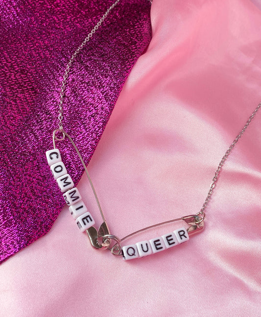 Commie Queer safety pin necklace
