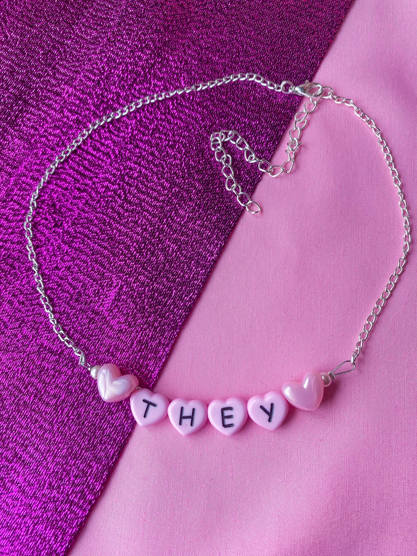 Pink They love heart pronoun letter bead necklace