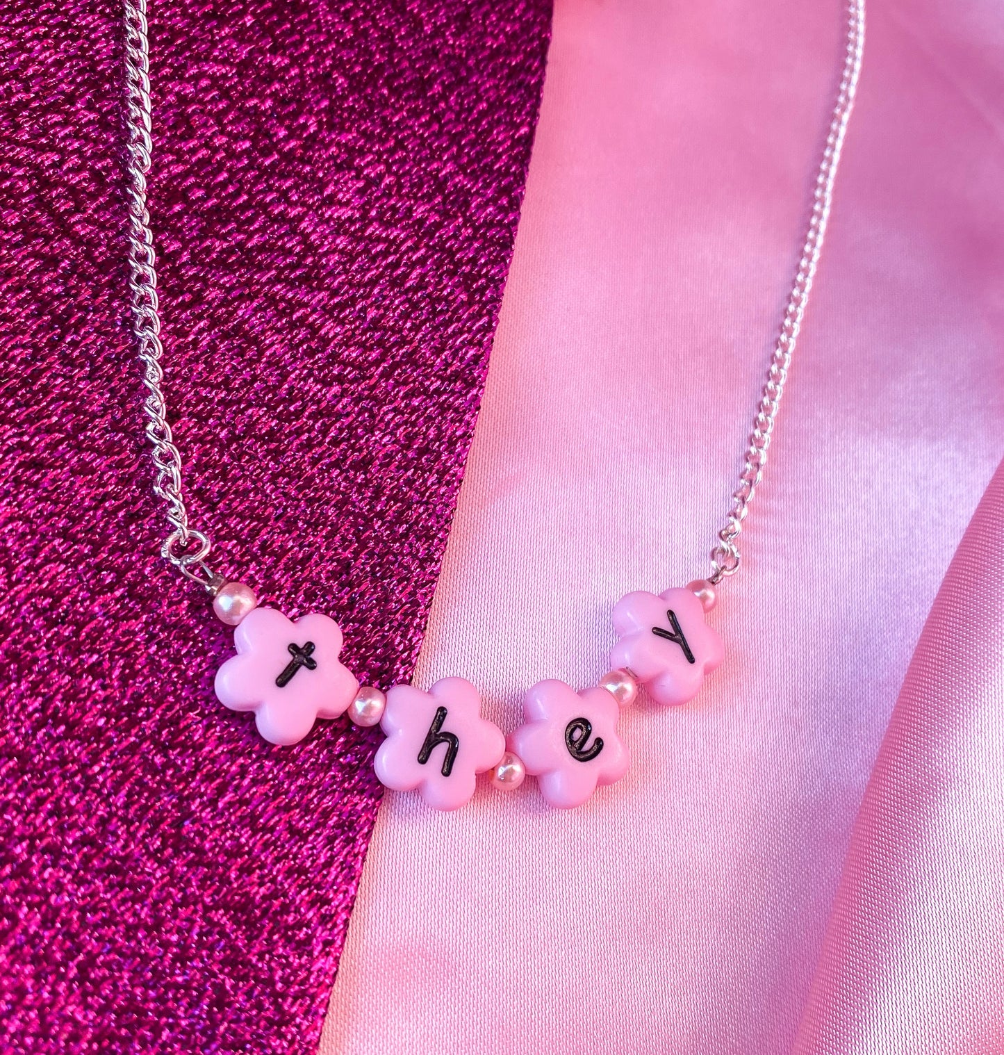 Pink THEY flower shape letter bead necklace