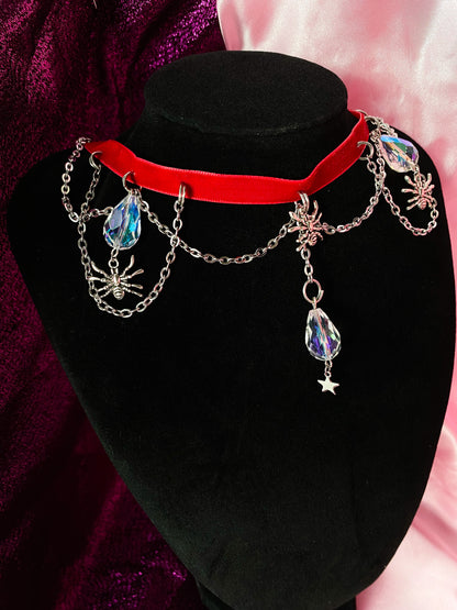 Red velvet choker with chain, spider charms and iridescent beads