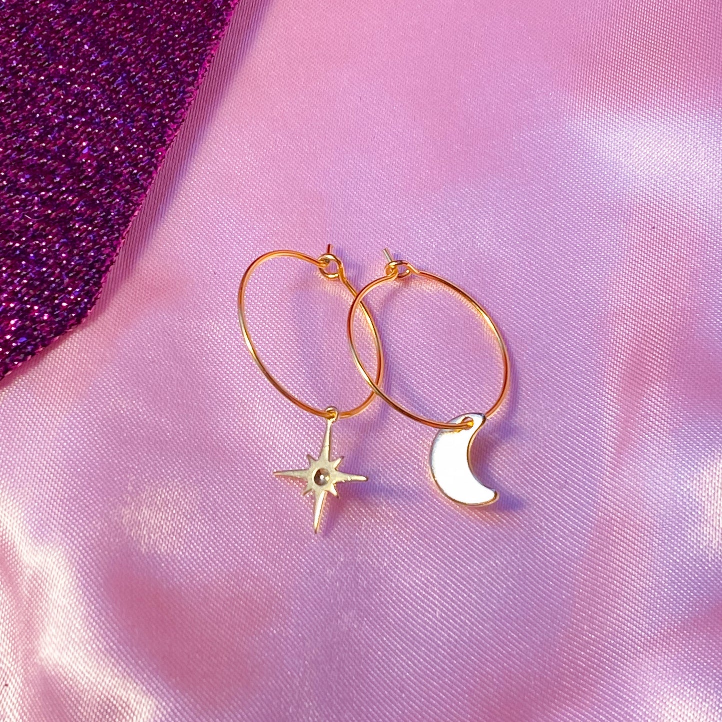 Gold star and moon charm hoop earrings, minimalist celestial earrings