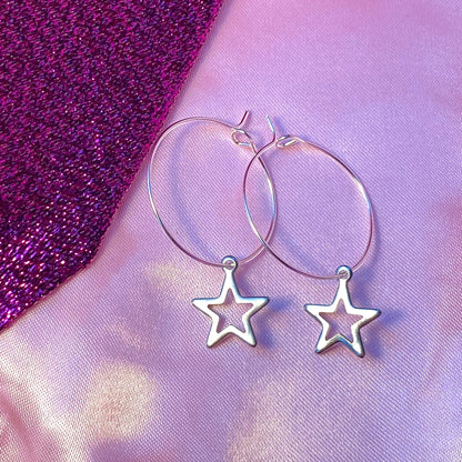 Silver star charm hoop earrings, minimalist celestial earrings