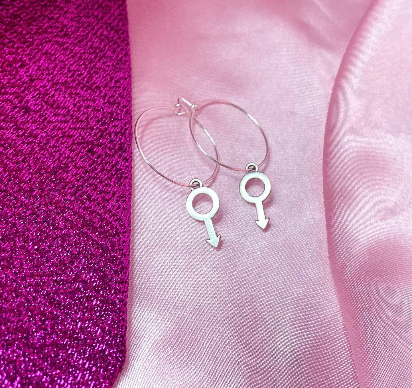 Silver Mars symbol hoop earrings