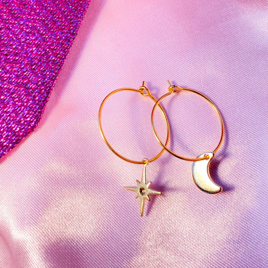 Gold star and moon charm hoop earrings, minimalist celestial earrings