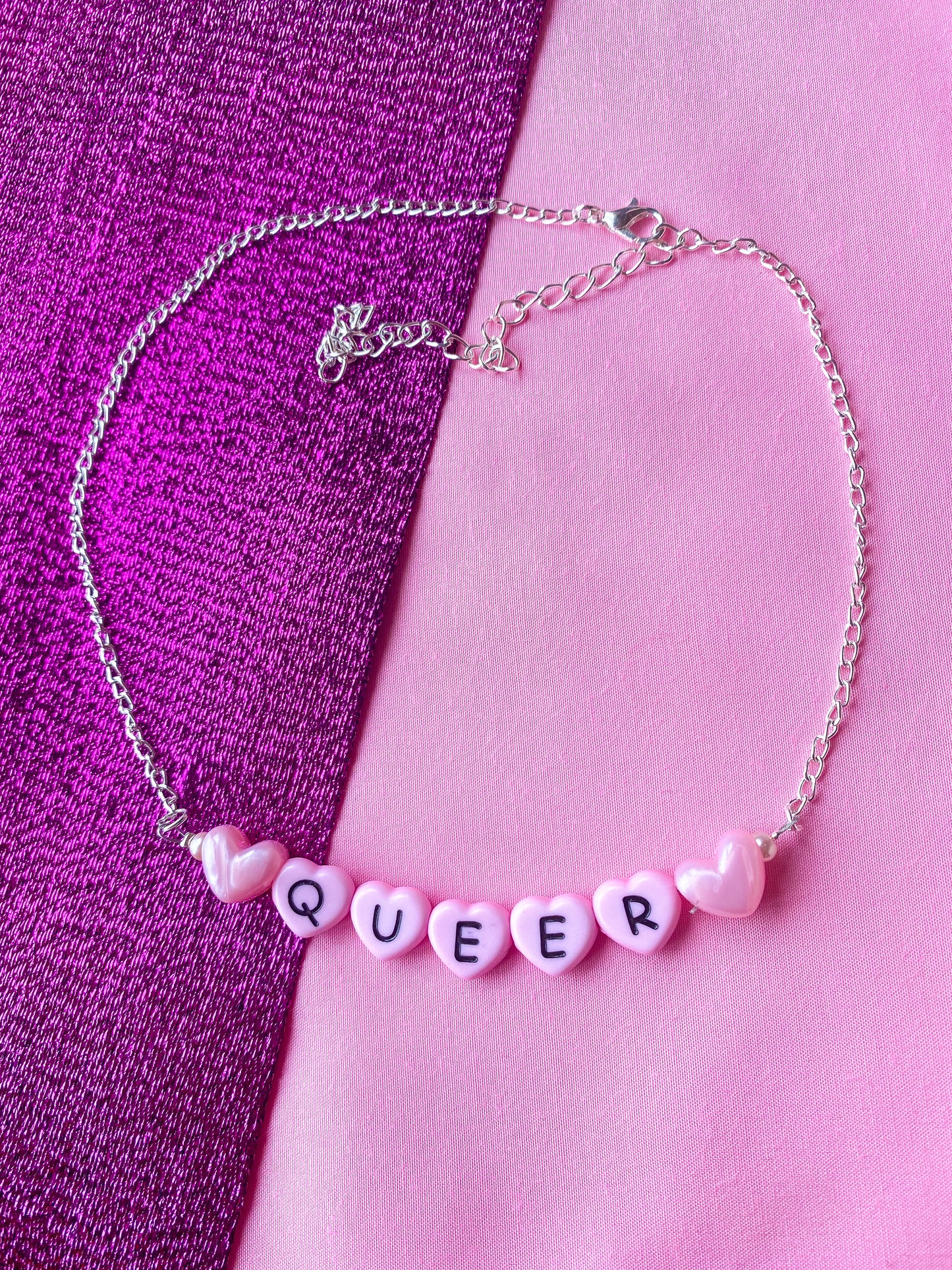 Pink Queer love heart letter bead necklace