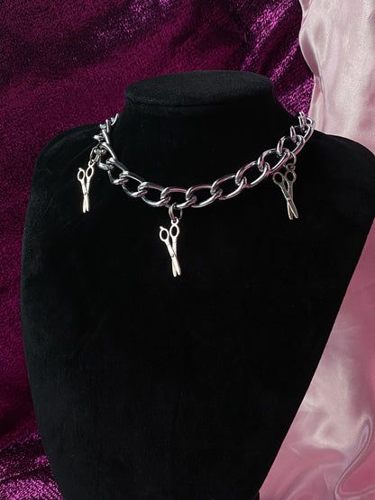 Scissor charm chunky chain choker necklace silver