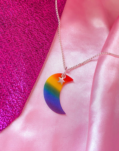 Rainbow pride flag moon necklace