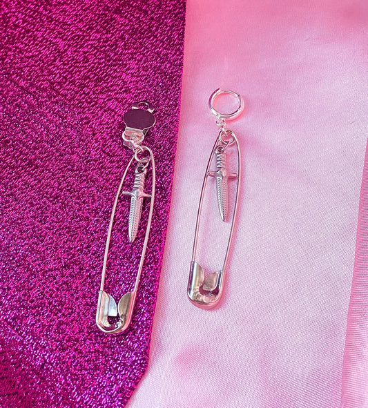 Safety pin and Dagger charm earrings