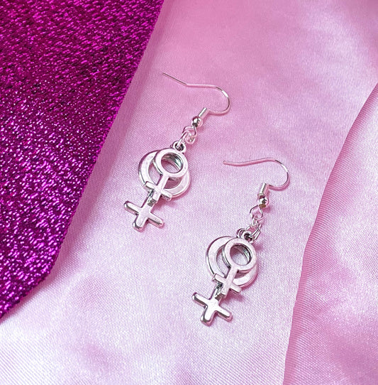 Double Venus silver earrings, small and big layered charm earrings
