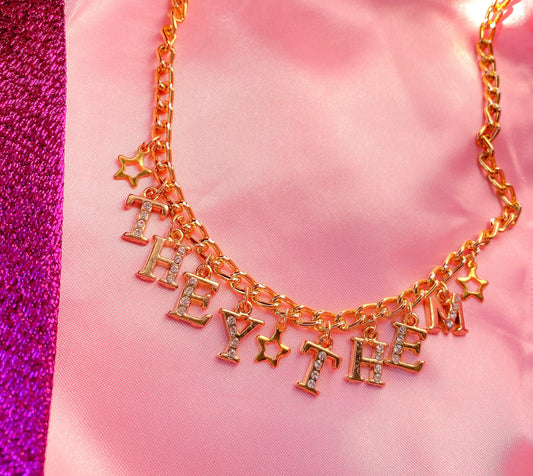 Diamanté THEY THEM gold colour pronoun necklace