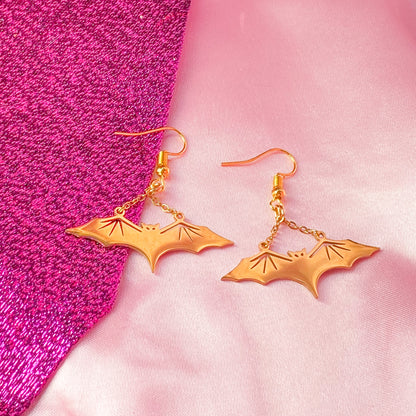 Flying Bat gold stainless steel charm earrings, spooky halloween earrings