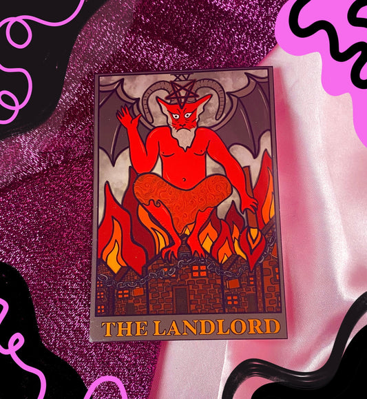 The landlord tarot card sticker, The Devil.
