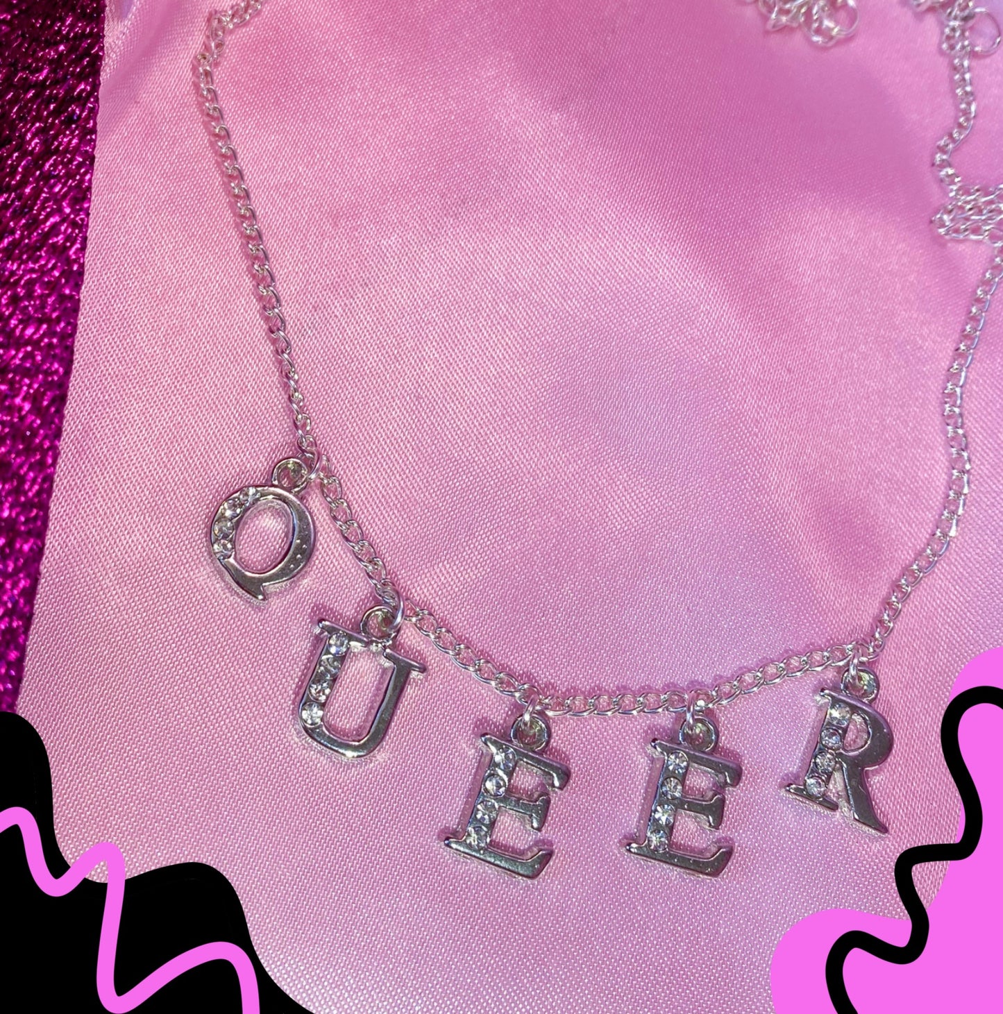 QUEER Diamanté silver letter sparkly necklace