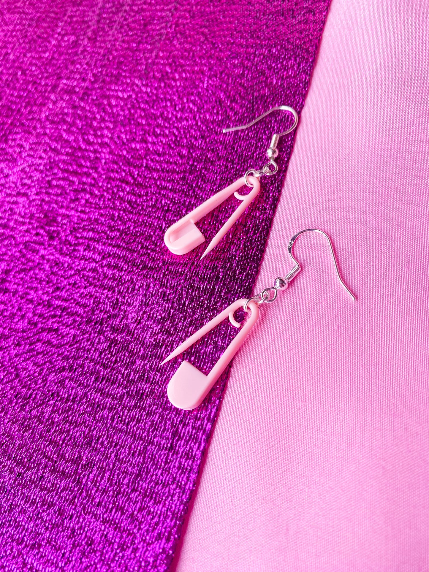 Pink safety pin earrings