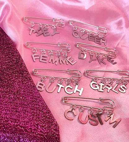Name / word customisable letter charm word kilt pin brooch